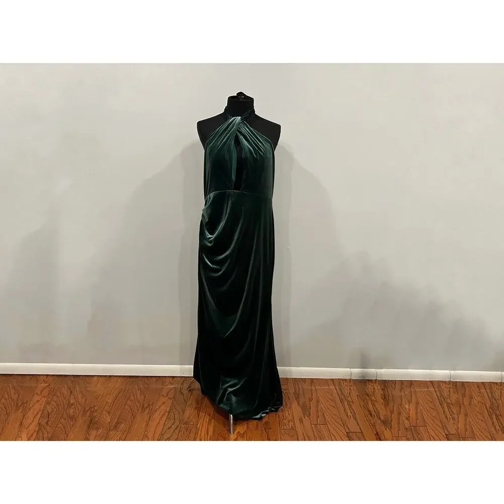 Mac Duggal 11924 Green Twist Neck Open Front Velvet Draped Velvet Dress Sz 12